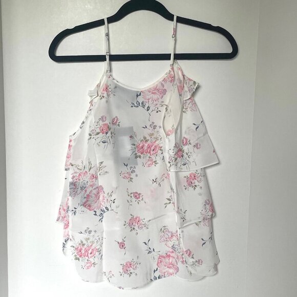 The Kooples Silk Floral Camisole XS White Tiered Sleeveless V Neck Ruffle Cream - Picture 3 of 7